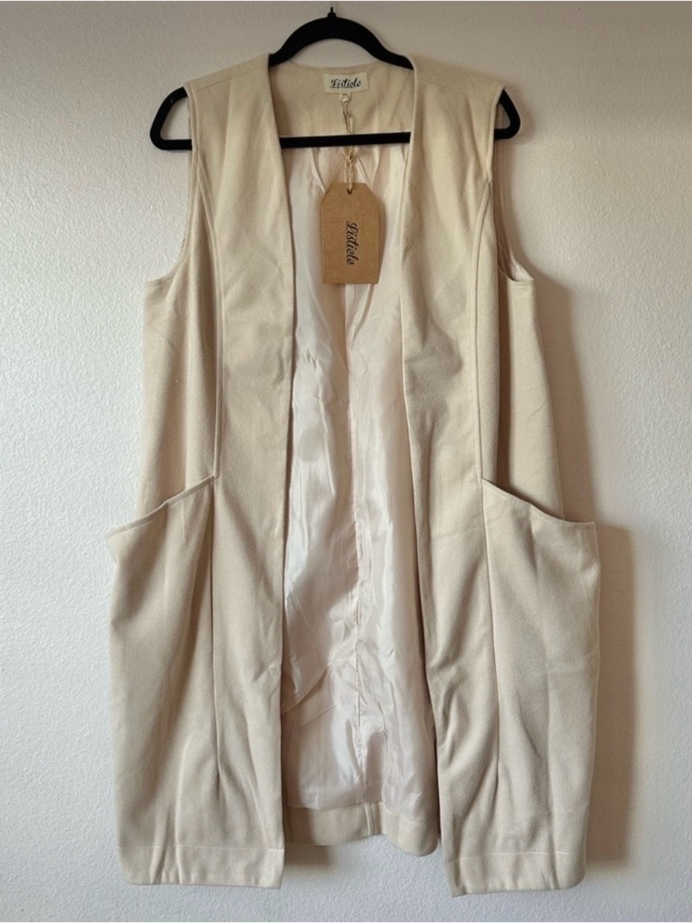 NWT Listicle - Cream Sleeveless Open-Front Long Vest with Pockets